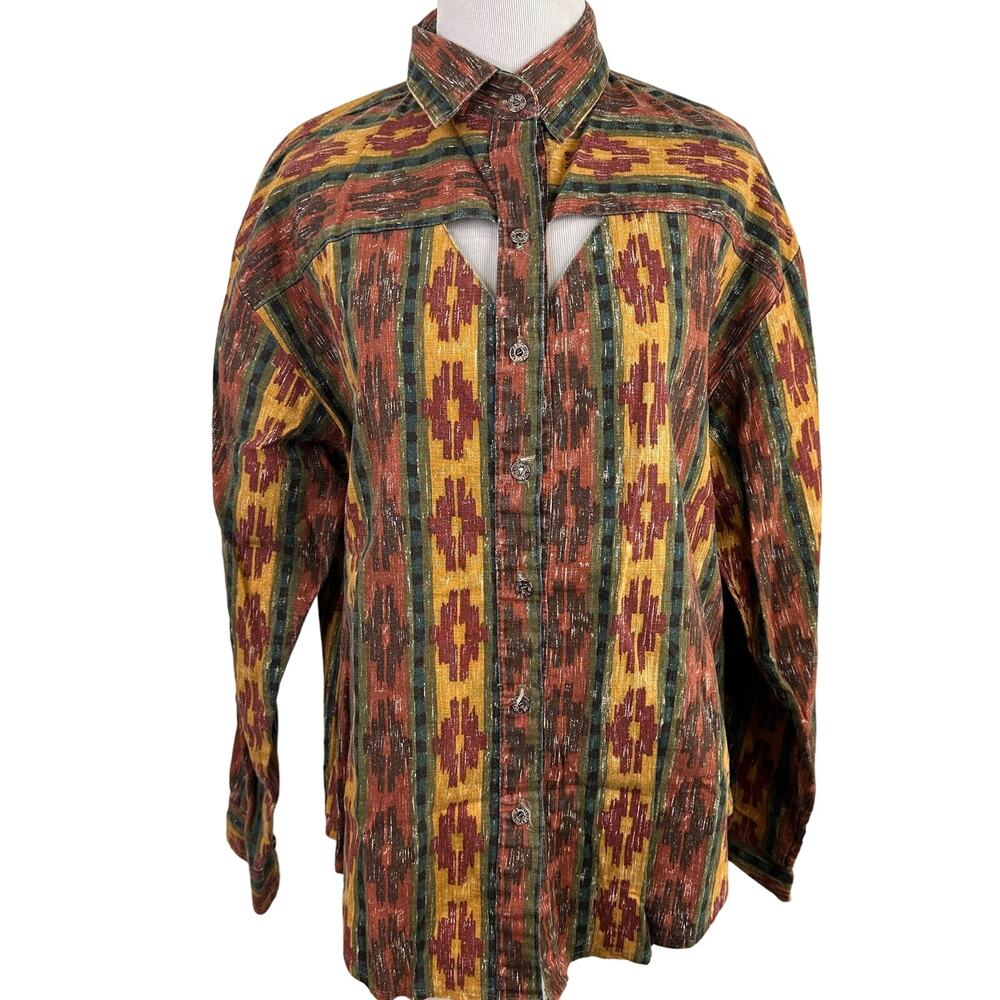 Roughrider by Circle T Vintage Aztec Cutout Long Sleeve Blouse Size Medium